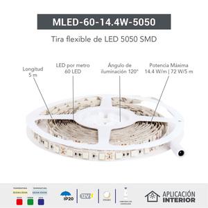 MLED-60-14.4W-5050/LD Tira LED Interior 5050 SMD RGB, 12V, máx. 144 W, Luz de Día, Interior, 5 metros, Atenuable