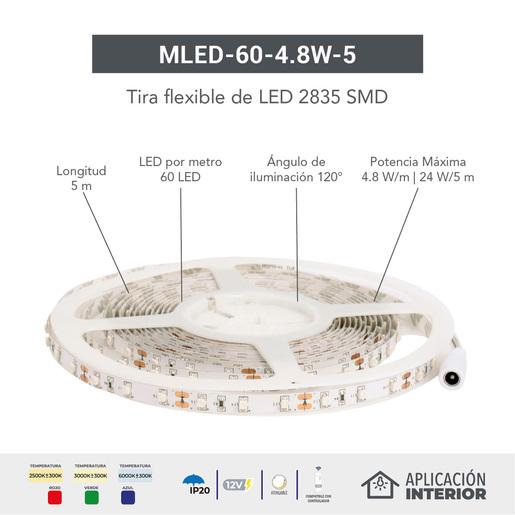 MLED-60-4.8W-5/BC Tira LED Interior 2835 SMD, 12 V, máx. 24 W, Luz Suave Cálida, Interior, 5 metros, Atenuable